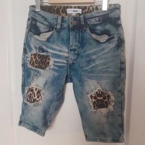 Fashion Nova Blue Distressed Denim Shorts with Leopard Panels